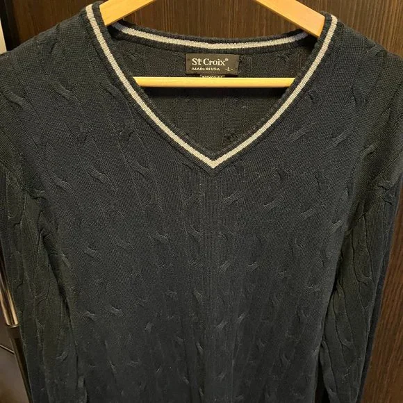 St. Croix Large cable knit V-neck sweater Slim Fit - Picture 1 of 5